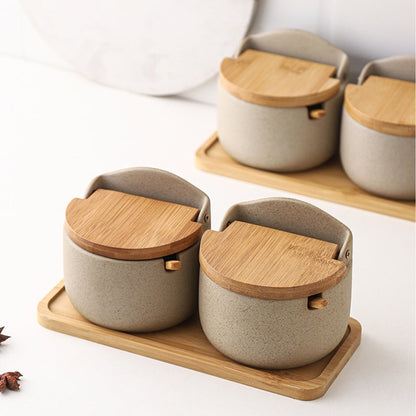 Elegant Bamboo and Ceramic Spice Storage Duo