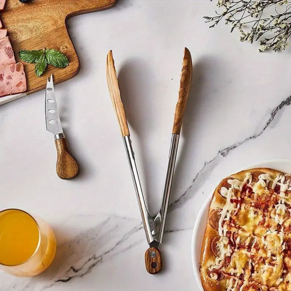 BBQ Tongs with Locking Mechanism and Wooden Handle – Stainless Steel