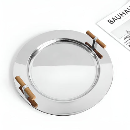 Stylish Round Serving Tray with Wooden Grip Handles