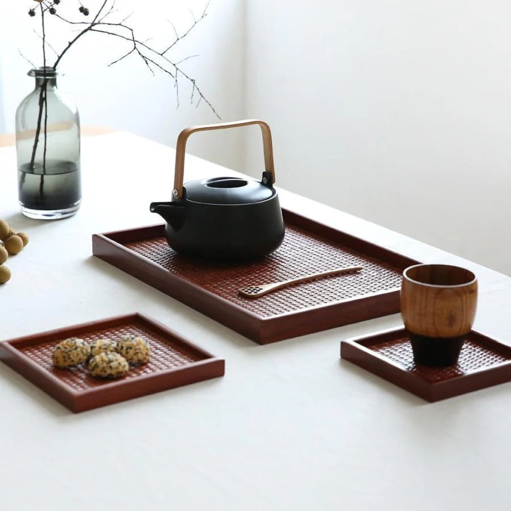 Sophisticated Rattan-Style Wooden Serving Tray