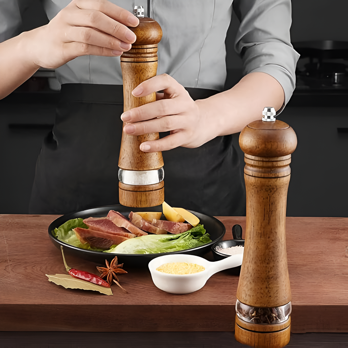 Artisan Oak Spice Mill Set for Exquisite Flavoring