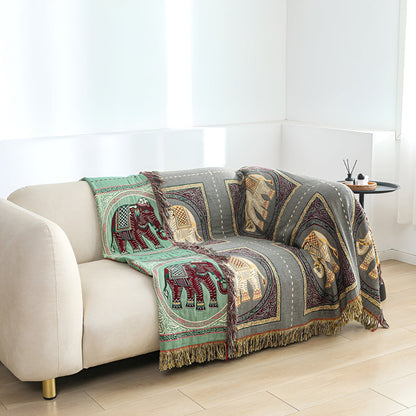 Charming Cotton Throw with Elephant Design and Tassels