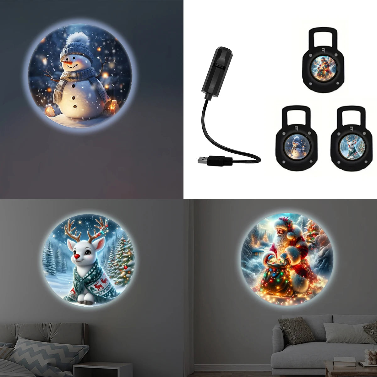 USB LED Projector for Christmas with 3 Pattern Discs - Reindeer, Snowman & Santa Designs - Festive Decoration & Gift Idea