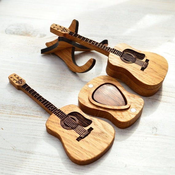 Custom Oak Wood Guitar Pick Holder with Display Stand