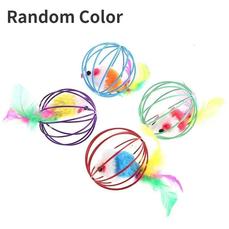 Cat Play Ball with Plush Mouse in Cage | Fun Toy for Energetic Indoor Cats | Random Color Ø 6 cm