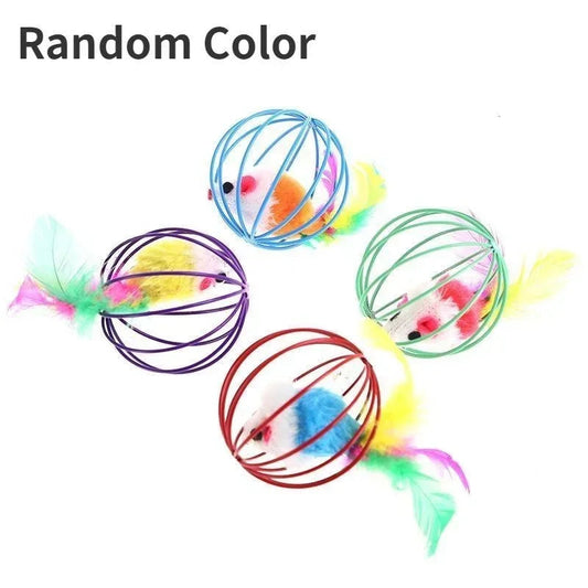 Cat Play Ball with Plush Mouse in Cage | Fun Toy for Energetic Indoor Cats | Random Color Ø 6 cm