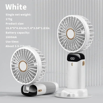 Compact Fan with 5 Speed Settings | 3000 mAh Rechargeable Battery | Foldable Design with LED Display