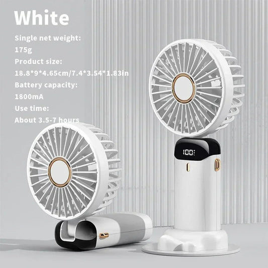 Compact Fan with 5 Speed Settings | 3000 mAh Rechargeable Battery | Foldable Design with LED Display