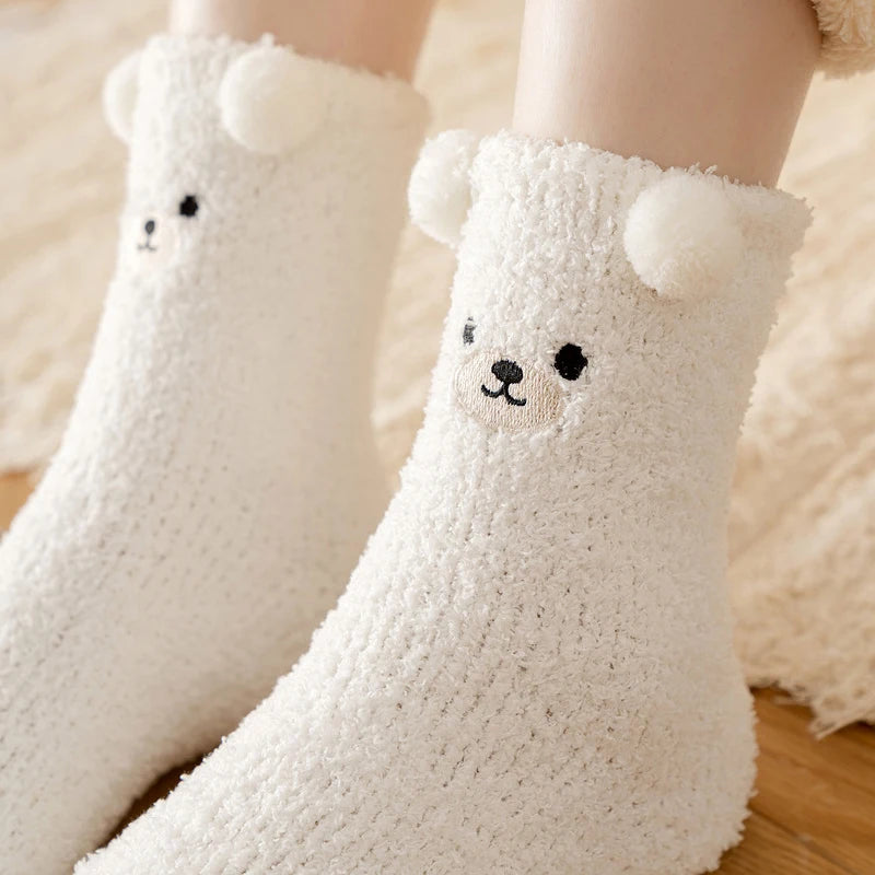 Warm Fuzzy Socks for Women | Soft & Plush | 3D Bear Print | Japanese-Korean Style