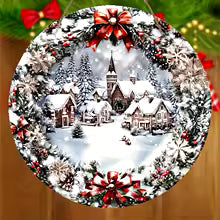 Wooden Christmas Sign with Relief Design - Winter Village and Snowy Scene - Wall and Door Decor