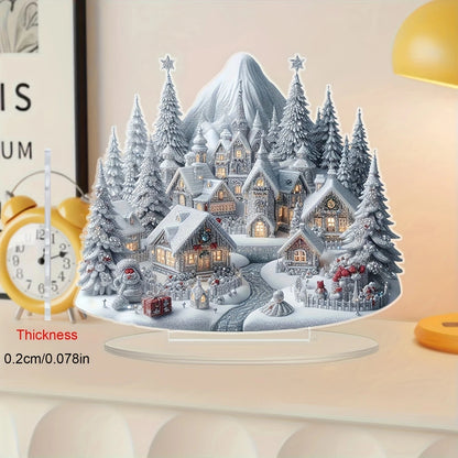 Acrylic Christmas Ornament - Snow Village with Reindeer Scene - Flat 2D Design