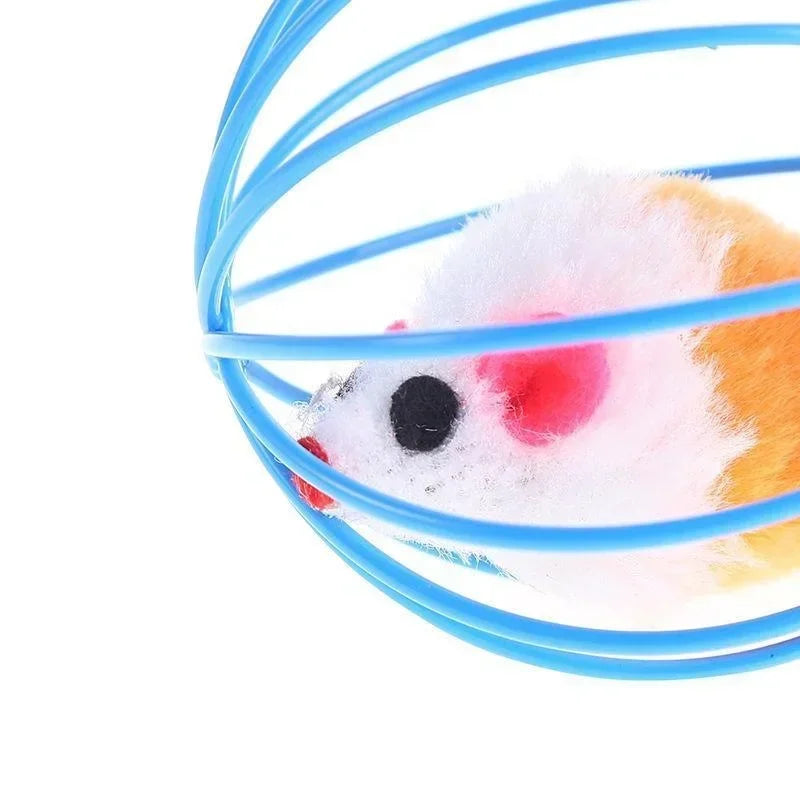 Cat Play Ball with Plush Mouse in Cage | Fun Toy for Energetic Indoor Cats | Random Color Ø 6 cm