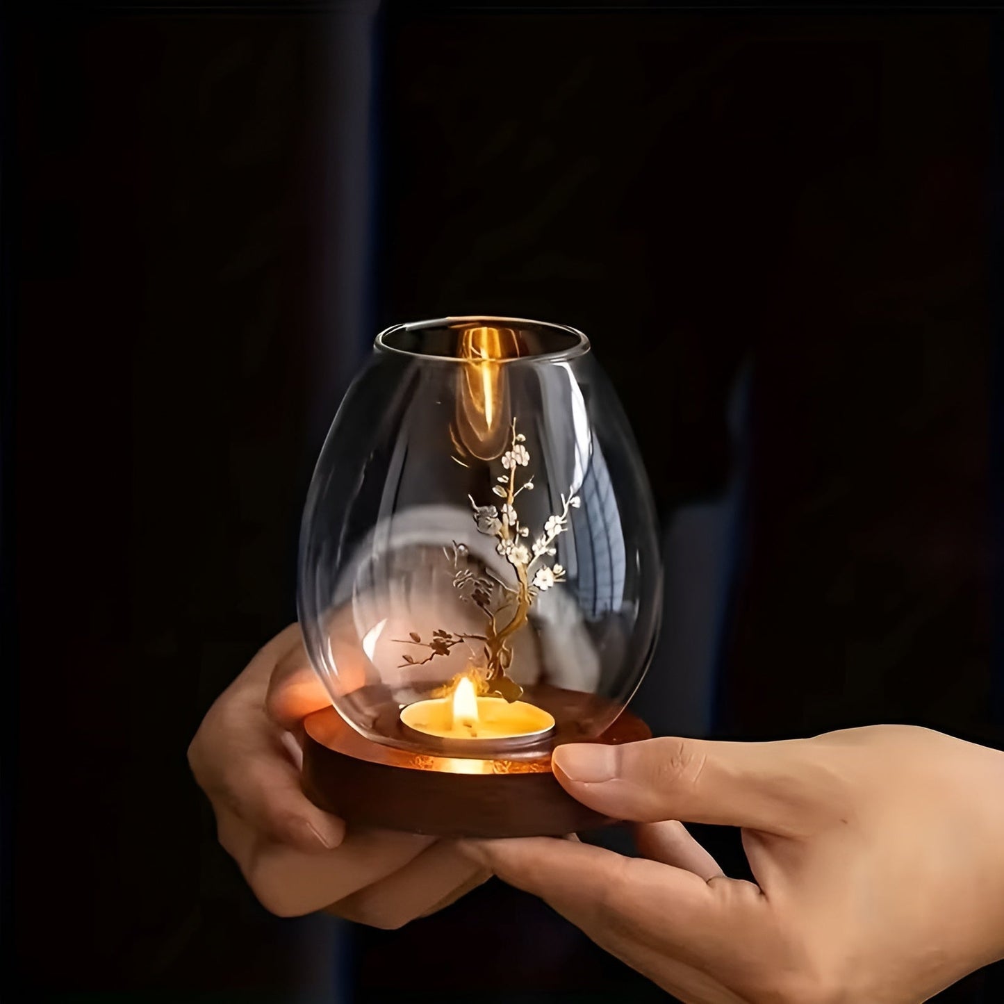 Elegant 2-Piece Glass Candle Holders with Wooden Base