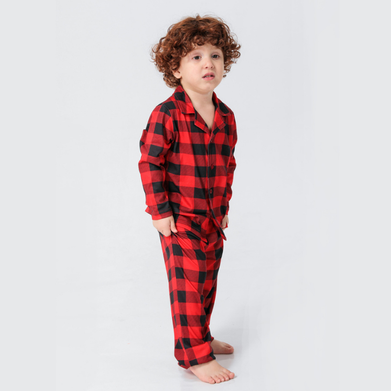 Red Checkered Family Matching Christmas Pajamas with Stand-Up Collar