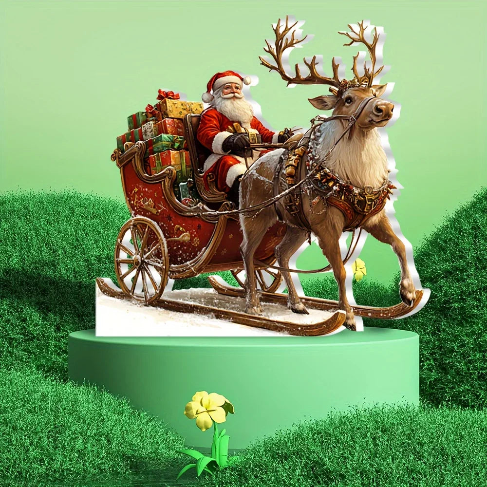 Christmas Figurine - Acrylic Reindeer Sleigh Decoration with Santa - 2D Design - Festive Table and Party Ornament 2025