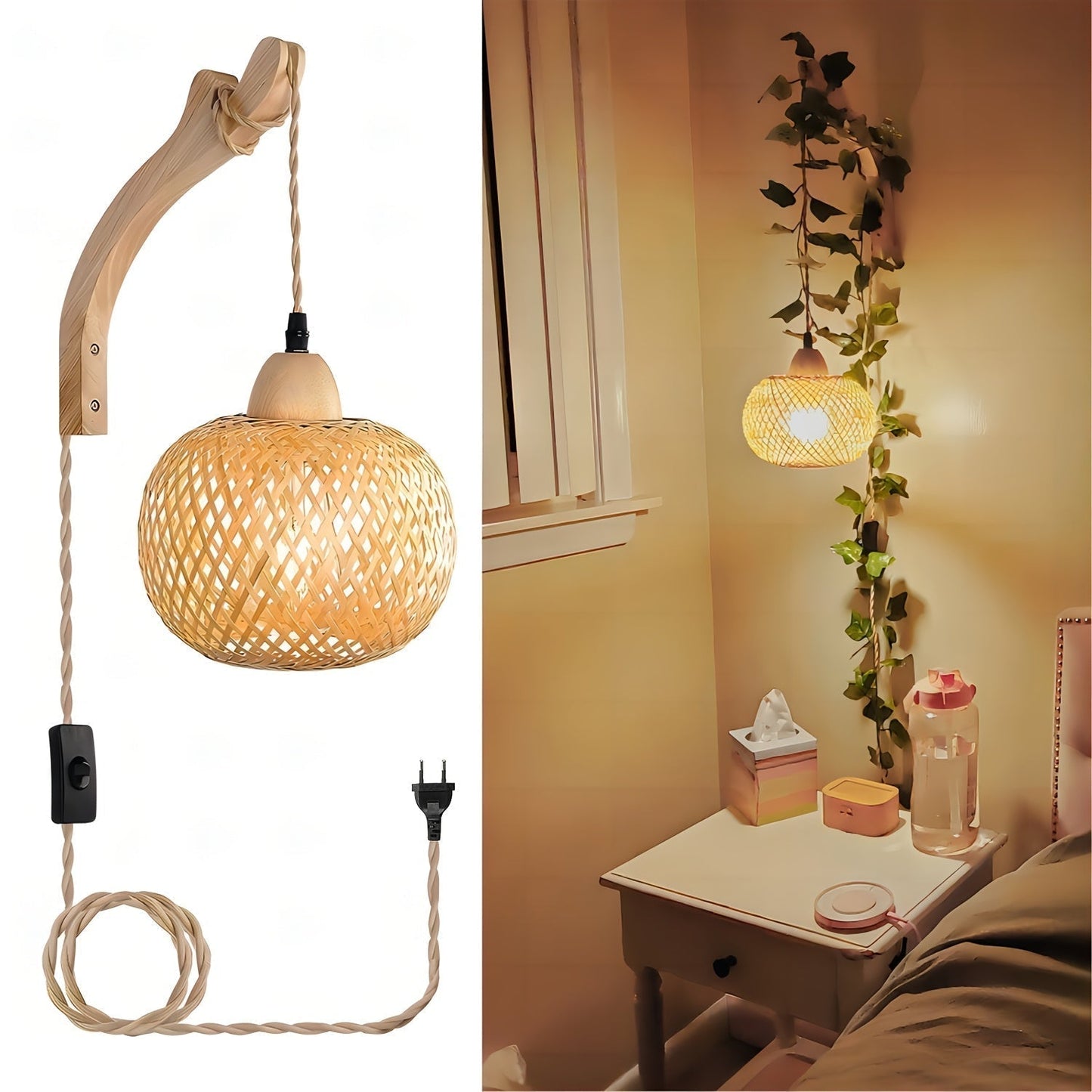 Bamboo Table Lamp with Woven Shade – Vintage Style with Plug and Switch