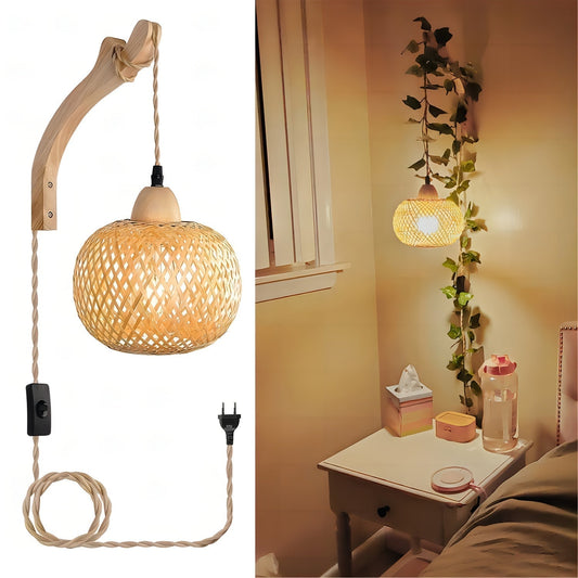 Bamboo Table Lamp with Woven Shade – Vintage Style with Plug and Switch