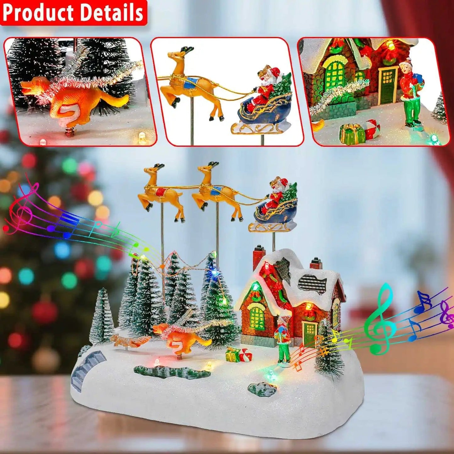 Animated Christmas Village with Santa in Sleigh | LED Lights & Music | Snowy Scene with Reindeer & Christmas Tree