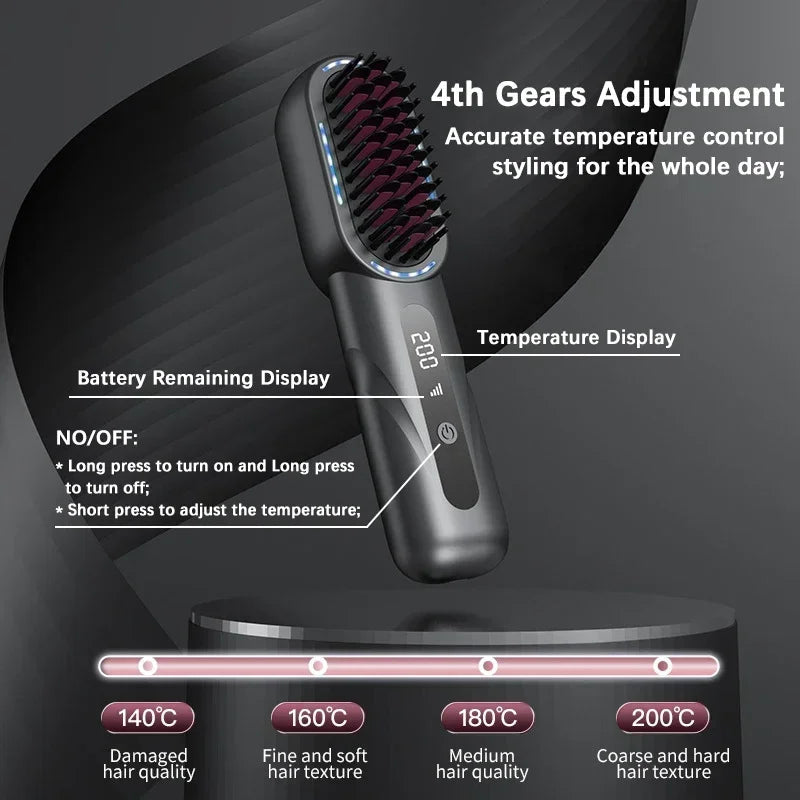 Cordless Hair Straightening Comb with Ions | Rechargeable Heat Protectant with 4 Settings