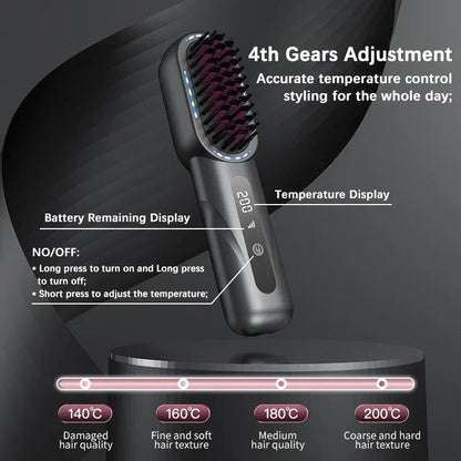 Cordless Hair Straightening Comb with Ions | Rechargeable Heat Protectant with 4 Settings