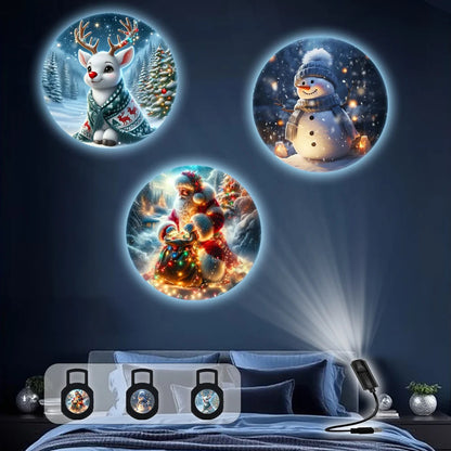 USB LED Projector for Christmas with 3 Pattern Discs - Reindeer, Snowman & Santa Designs - Festive Decoration & Gift Idea