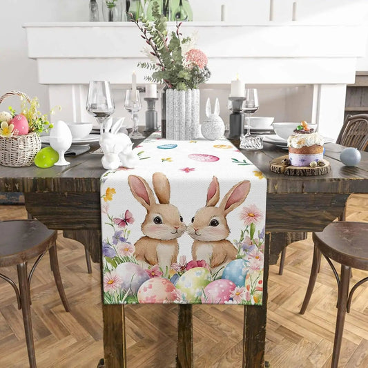 Easter Bunny and Colorful Eggs Table Runner | Linen Spring Decor 150x33cm - 200x33cm