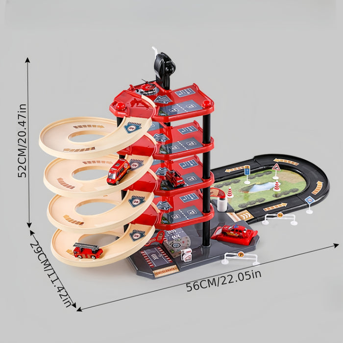 Multi-Level Fire Station Playset with Fire Truck and Traffic Signs for Kids