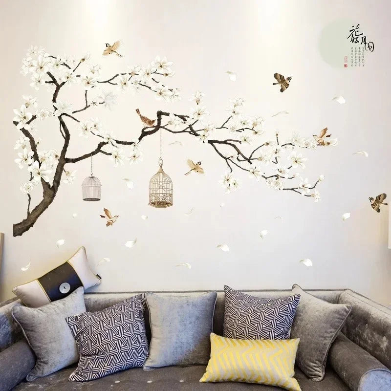 XXL Tree Wall Sticker 187x128 cm | Bird and Flower Wall Decal | Home Decor for Living and Bedroom
