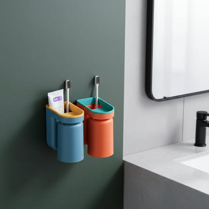 Wall-Mounted Toothbrush Holder with Dual Cups | No-Drill Installation | Removable Cups | Space-Saving Bathroom Organizer