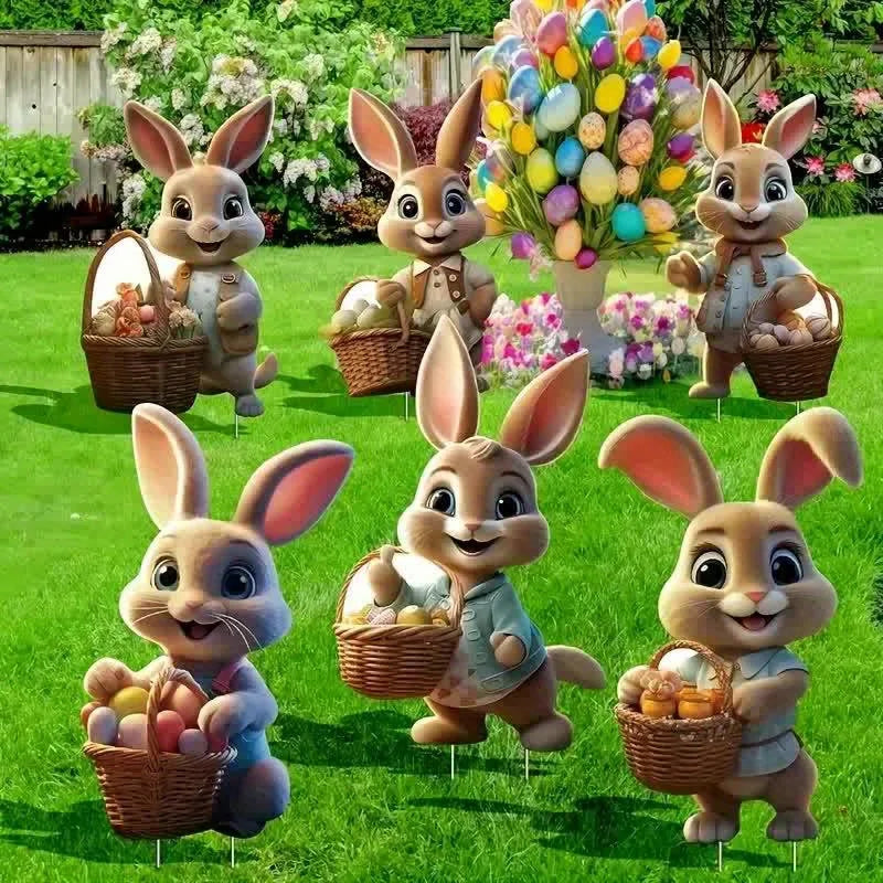 Garden Stake Easter Bunnies | Cute Rabbit Figurine | Classic Spring Decor | Set of 6