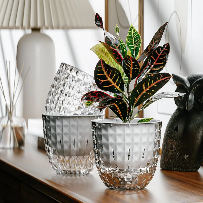 Transparent Flower Pot with Self-Watering and Double Wall System