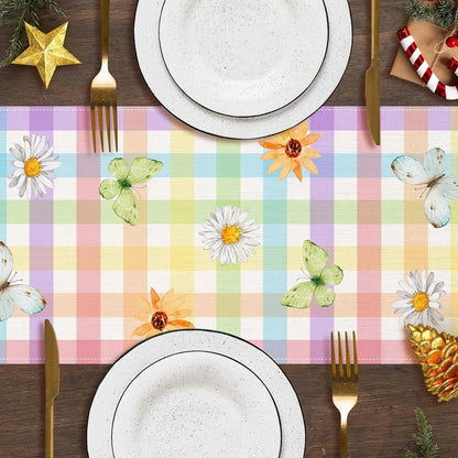 Spring Awakening Table Runner with Easter Bunnies & Butterflies | Linen Fabric | Spring Decor 150x33–200x33 cm