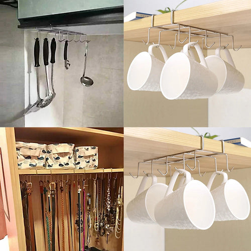 Under-Shelf Cup Holder with 10 Hooks in Stainless Steel and Chrome | 27.5 cm