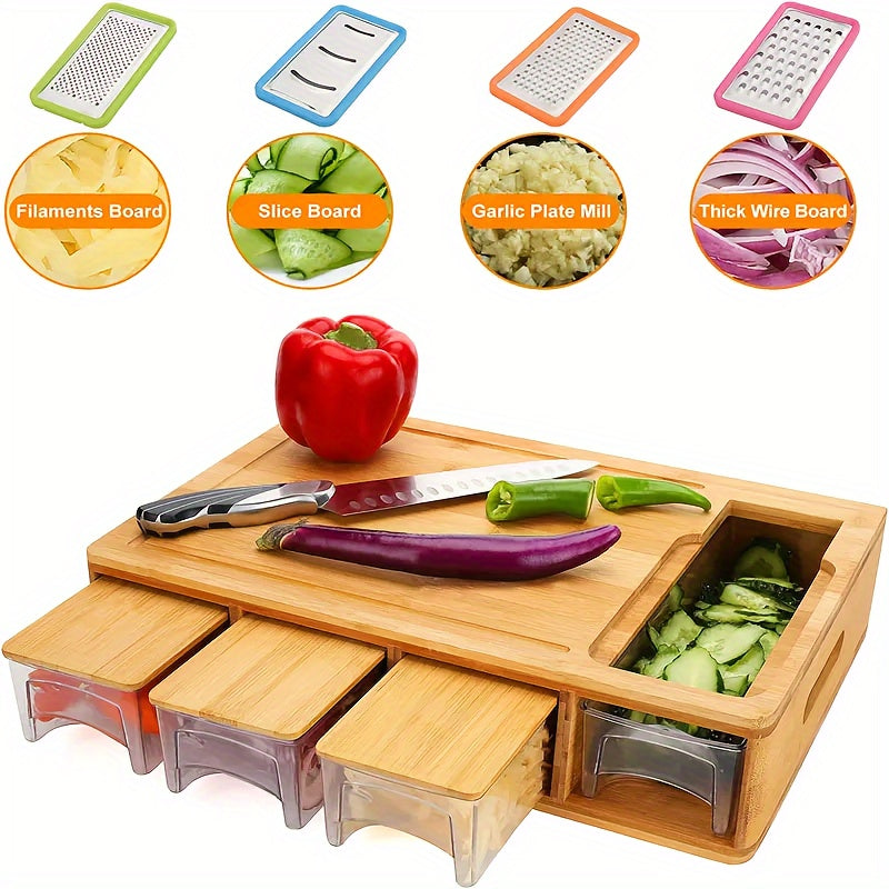 Bamboo Prep Station with Cutting Board Trays and Grater Storage