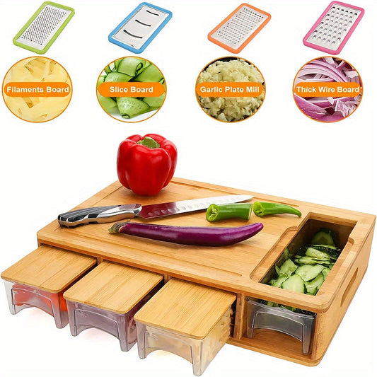 Bamboo Prep Station with Cutting Board Trays and Grater Storage