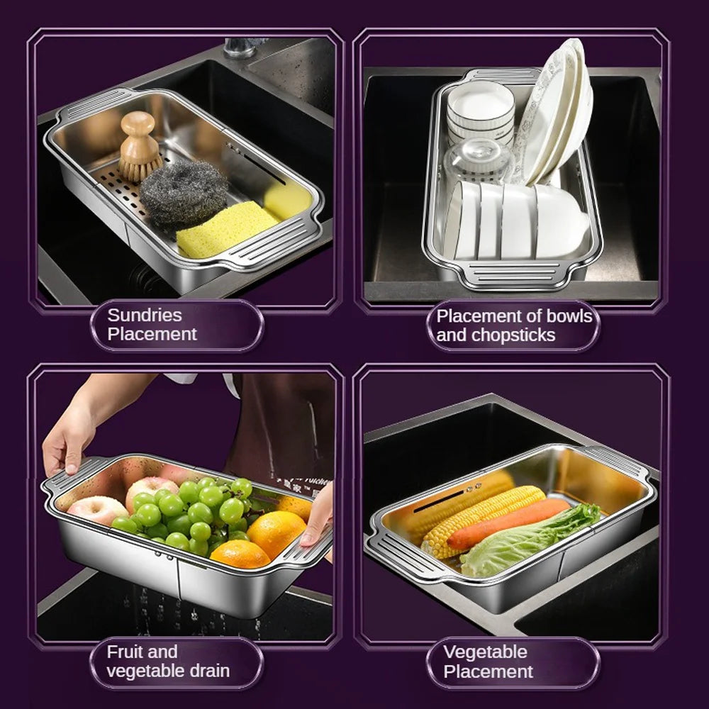 Adjustable Stainless Steel Telescopic Strainer for Sink & Fruit - Draining Functions