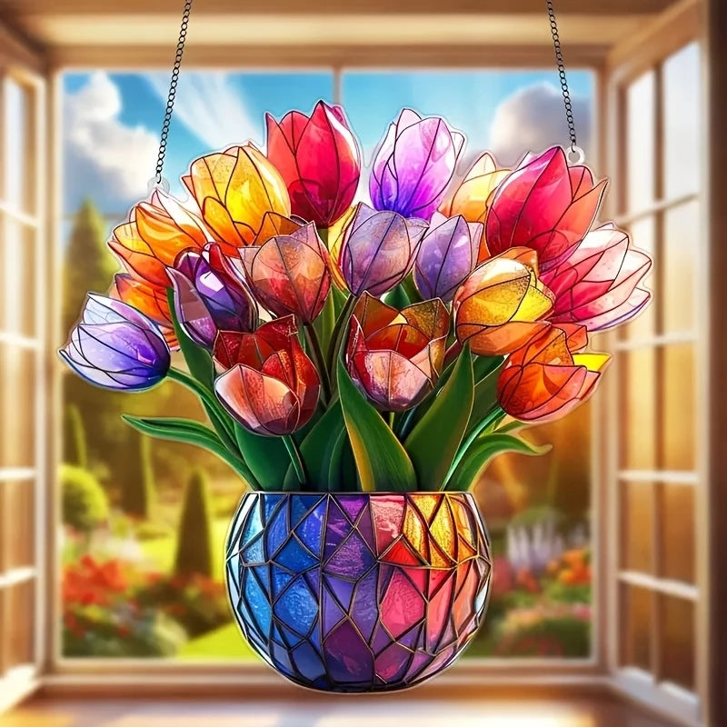 Acrylic Flower Pot with Solar Catcher | 2D Window Decoration | Vibrant Light Decor