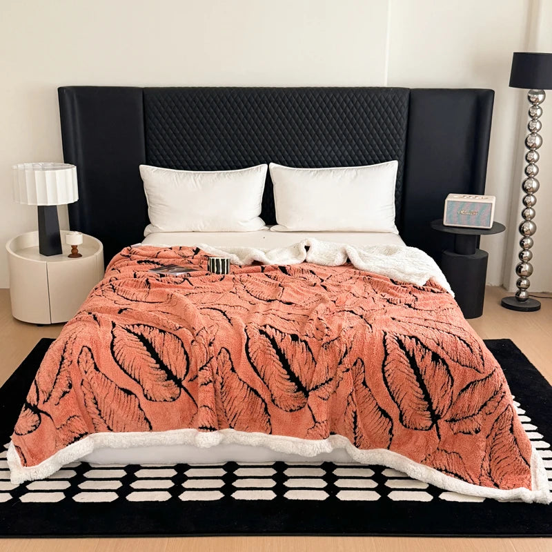 Cozy Lamb Fleece Blanket | Soft Velvet Throw with Gold Embossed Design | Stylish for Bed and Sofa