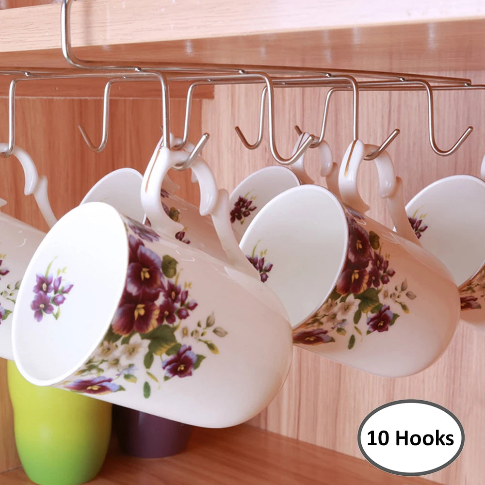 Under-Shelf Cup Holder with 10 Hooks in Stainless Steel and Chrome | 27.5 cm