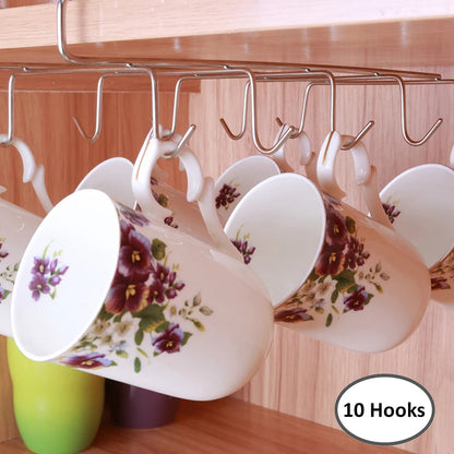 Under-Shelf Cup Holder with 10 Hooks in Stainless Steel and Chrome | 27.5 cm
