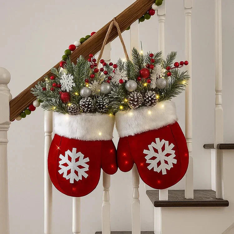 Mitten-Shaped Christmas Wreath with 120 LEDs and Timer Function