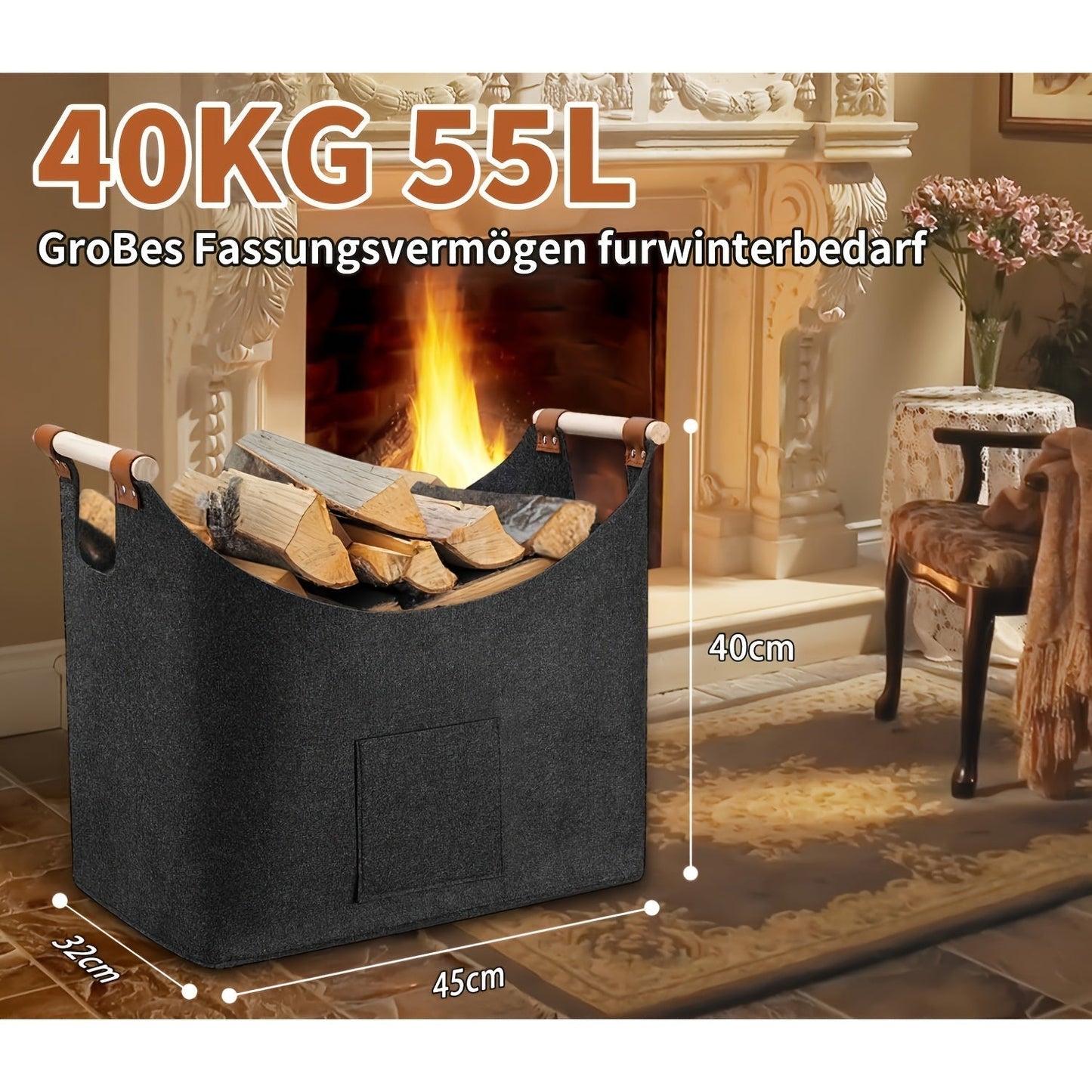 Foldable Felt Firewood Carrier | 55L Capacity | Dark Gray with Wood Handles & Leather Accents