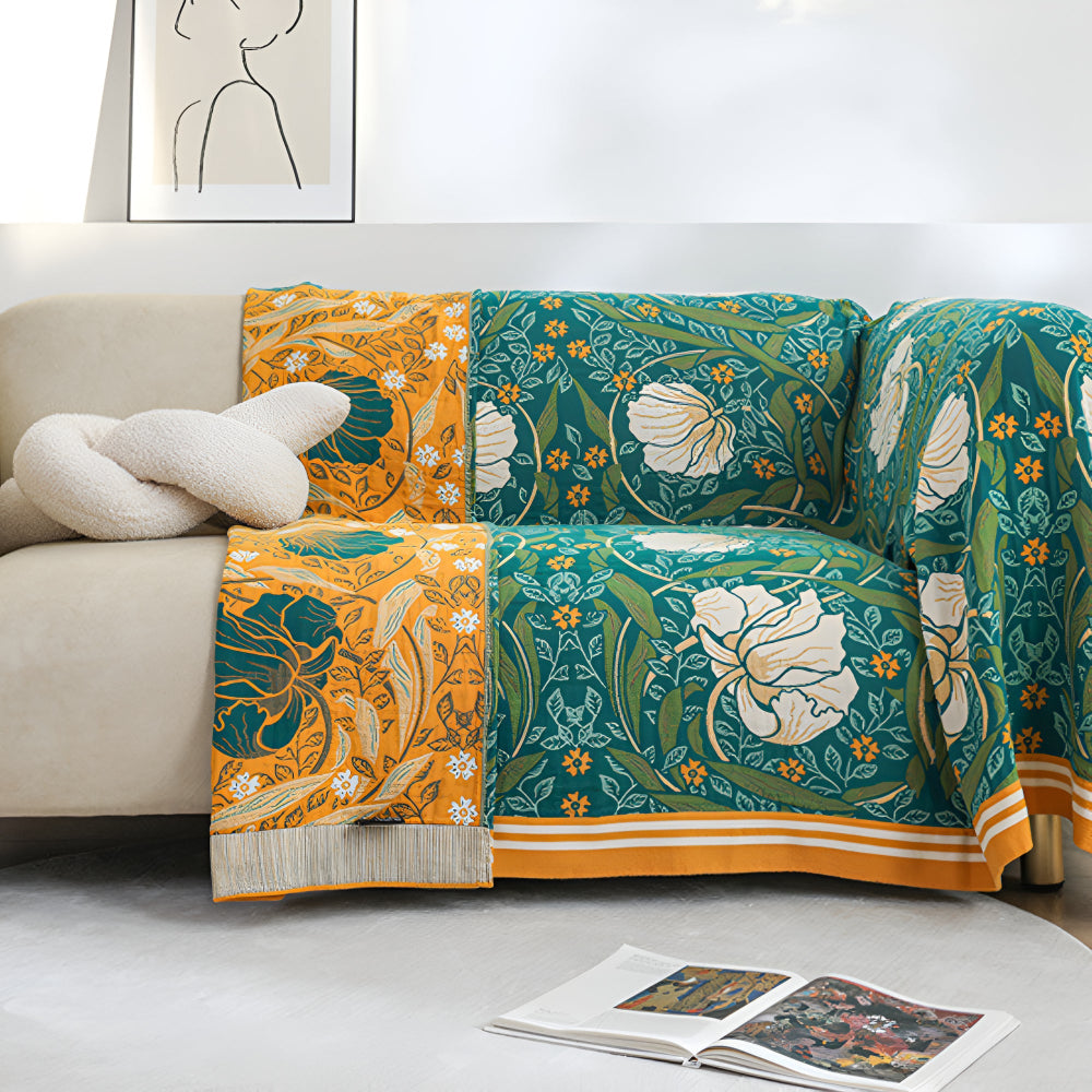 Serenity Green Floral Cotton Throw Blanket