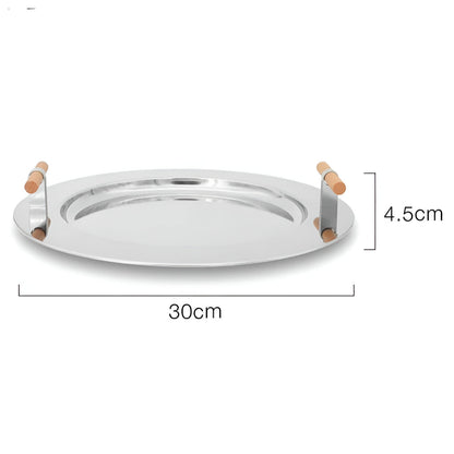 Stylish Round Serving Tray with Wooden Grip Handles