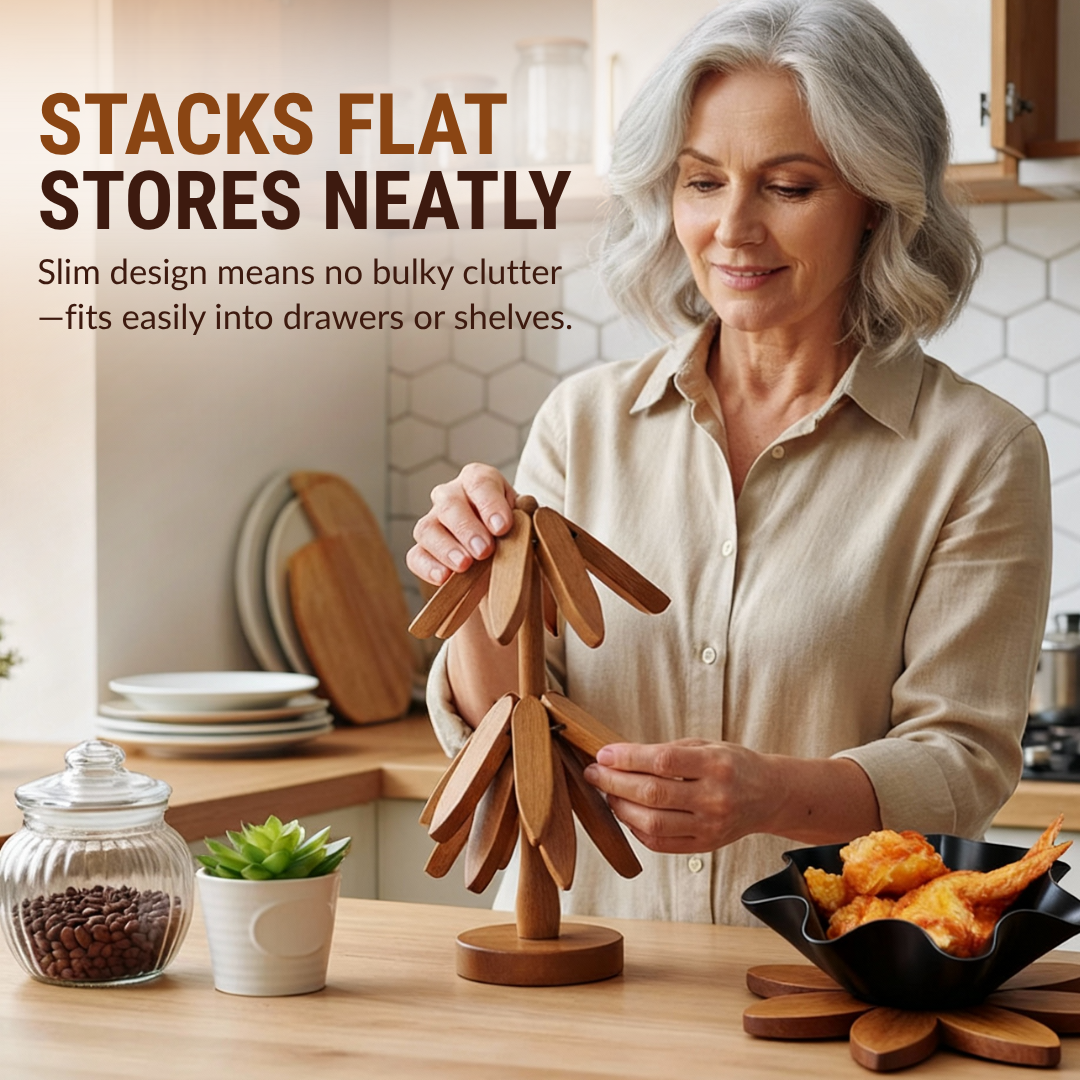 Natural Wood Coaster Set with Holder | 3 Heat-Resistant Trivet Coasters