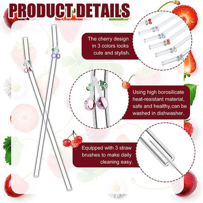 Set of 6 Reusable Stained Glass Drinking Straws with Cleaning Brush