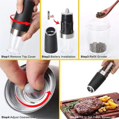 Electric Gravity-Operated Salt and Pepper Mill with Automatic Function