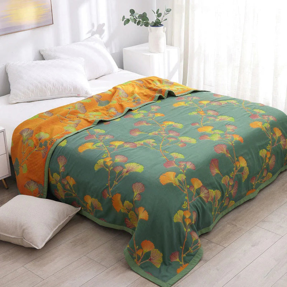 Elegant Reversible Coverlet with Ginkgo Leaf Design