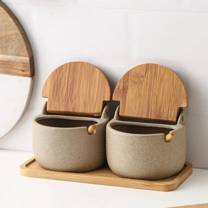 Elegant Bamboo and Ceramic Spice Storage Duo