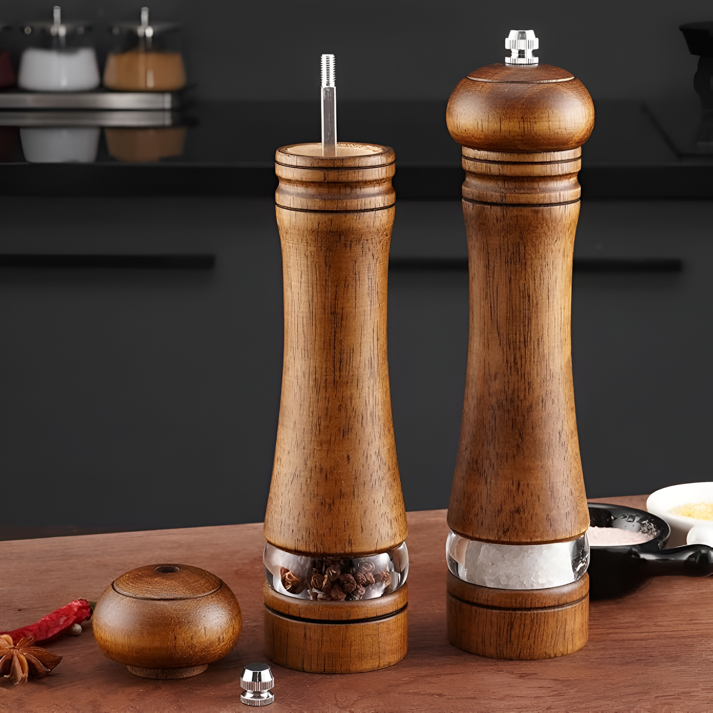 Artisan Oak Spice Mill Set for Exquisite Flavoring